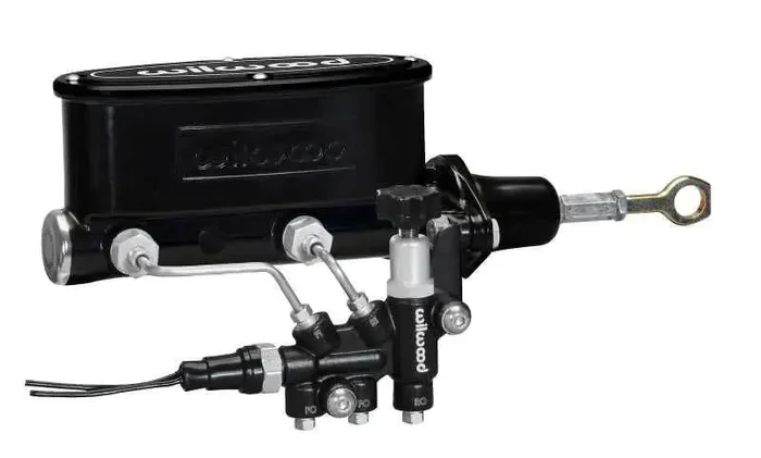 Wilwood HV Tandem M/C Kit w L/H Bracket & Prop Valve – 7/8in Bore Black-W/Push. – Early Mustang